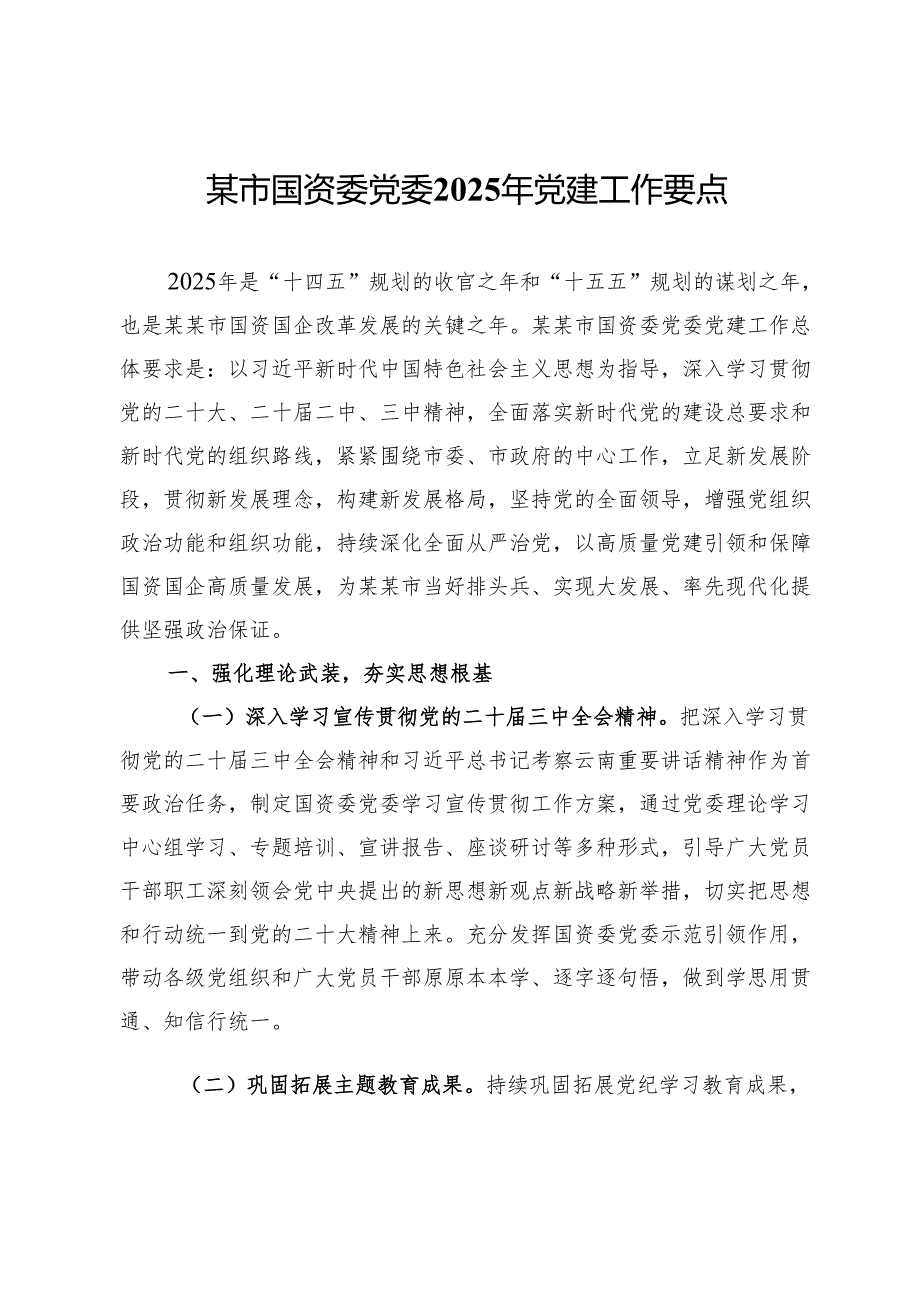 某市国资委党委2025年党建工作要点.docx_第1页