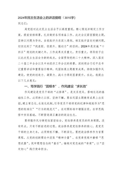 2024年民主生活会上的讲话提纲（3010字）.docx