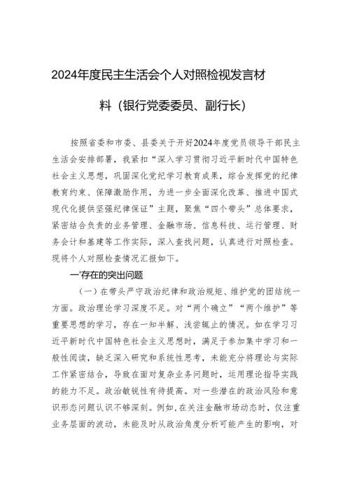 2024年度民主生活会个人对照检视发言材料（银行党委委员、副行长）.docx