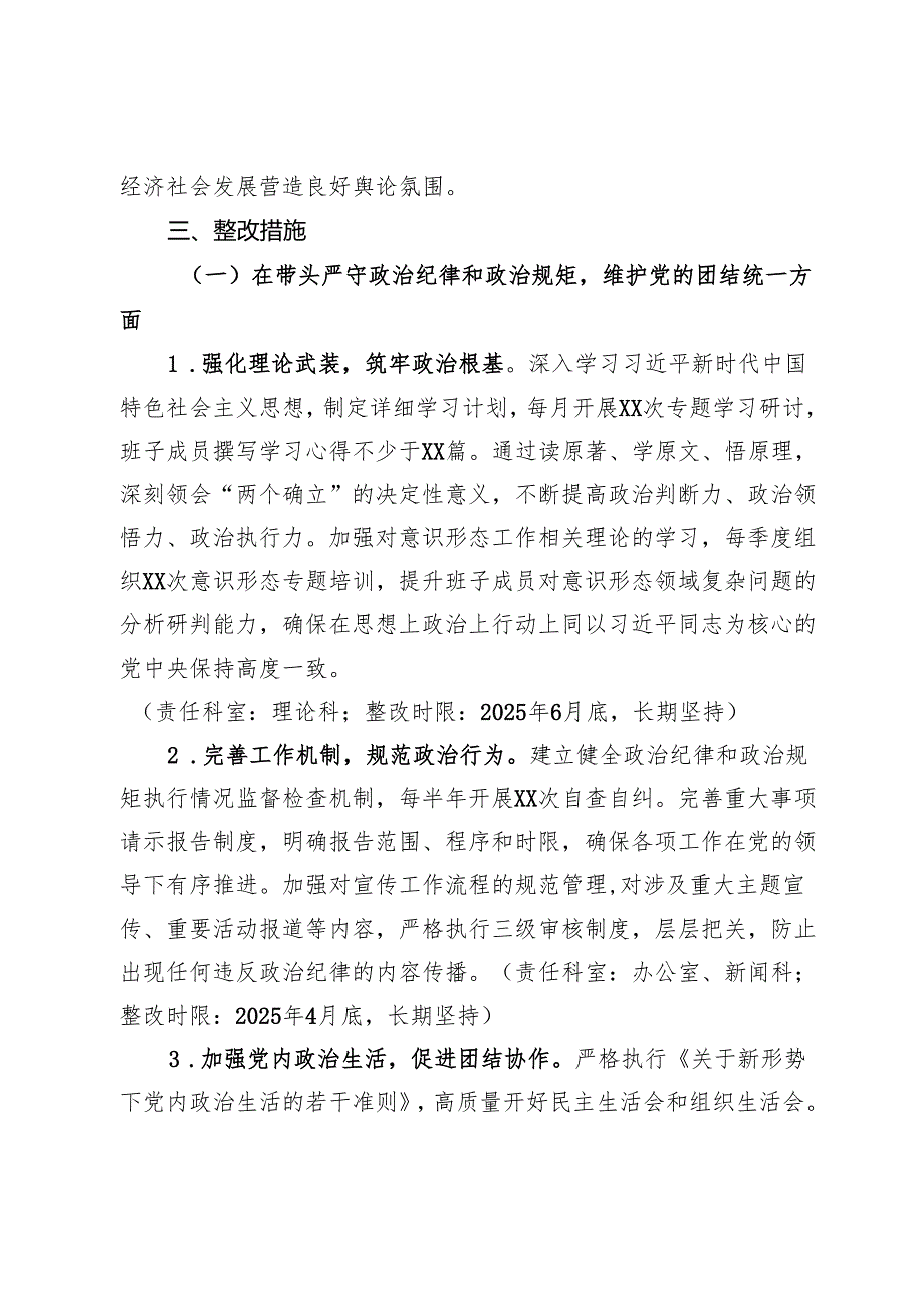 市委宣传部领导班子关于2024年度民主生活会查摆问题整改方案.docx_第2页