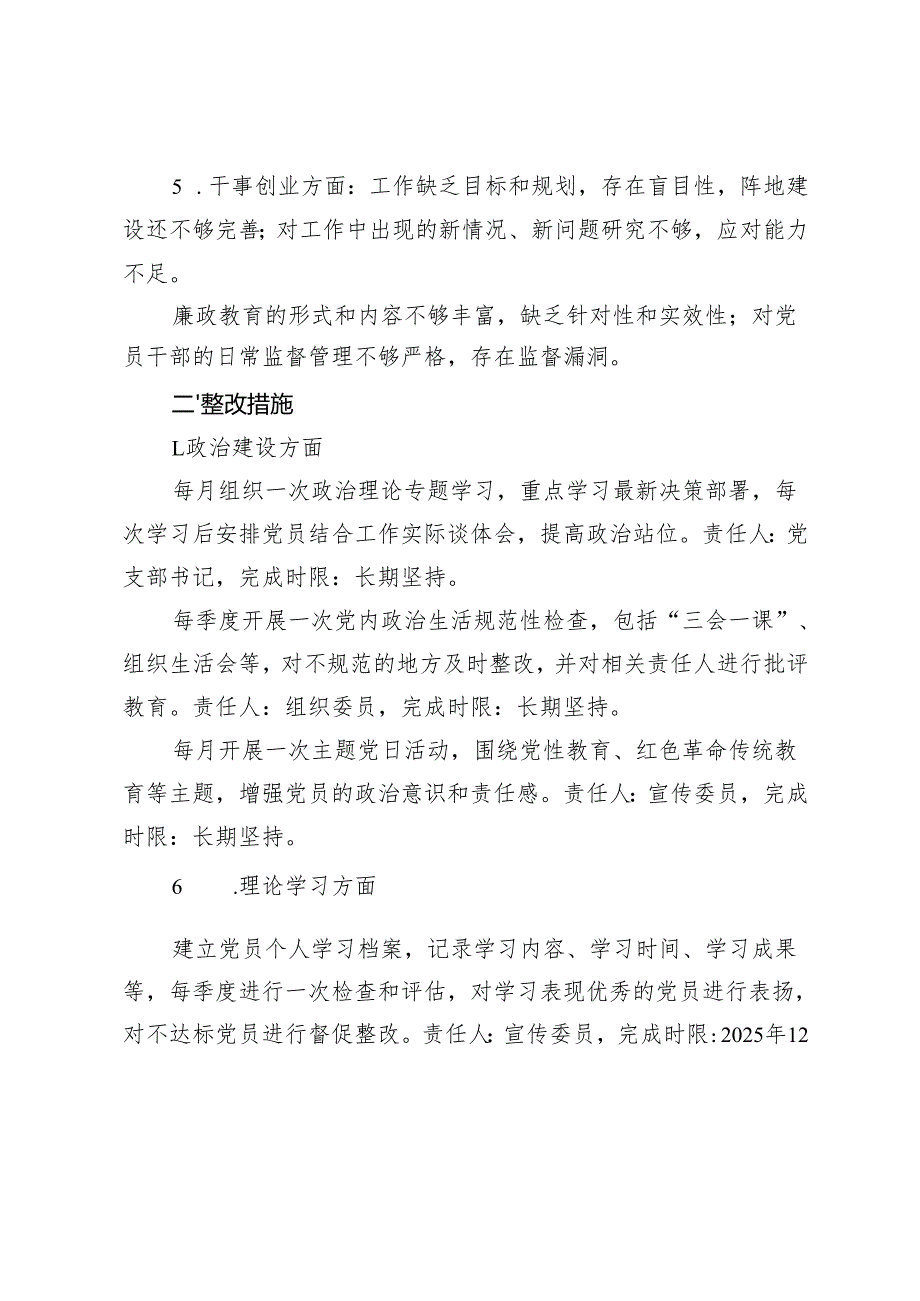 2024年度组织生活会党支部查摆问题及整改措施（含委员分工）+组织生活会个人查摆问题和整改清单.docx_第2页