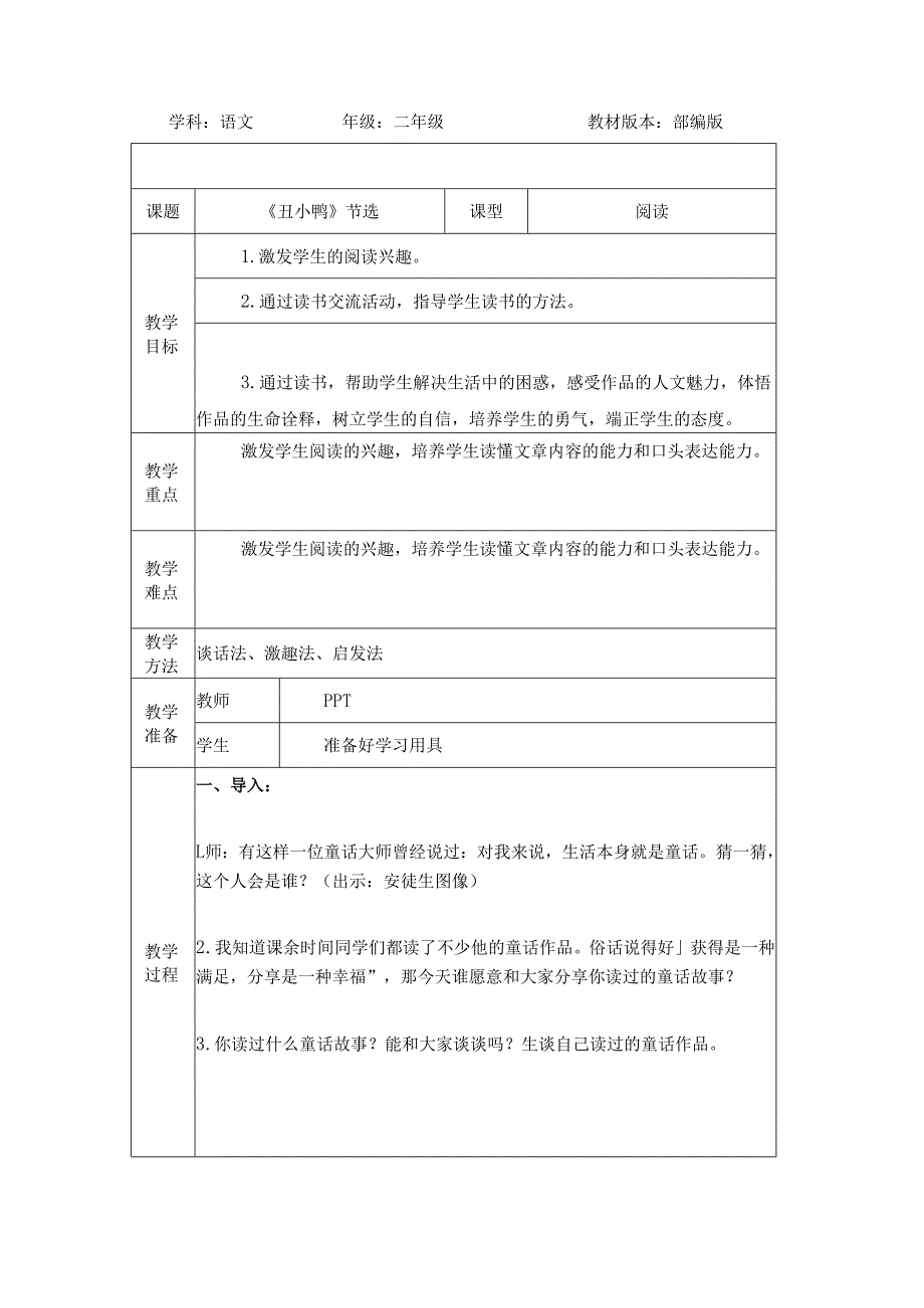 二年级下册《丑小鸭》阅读教学设计.docx_第1页