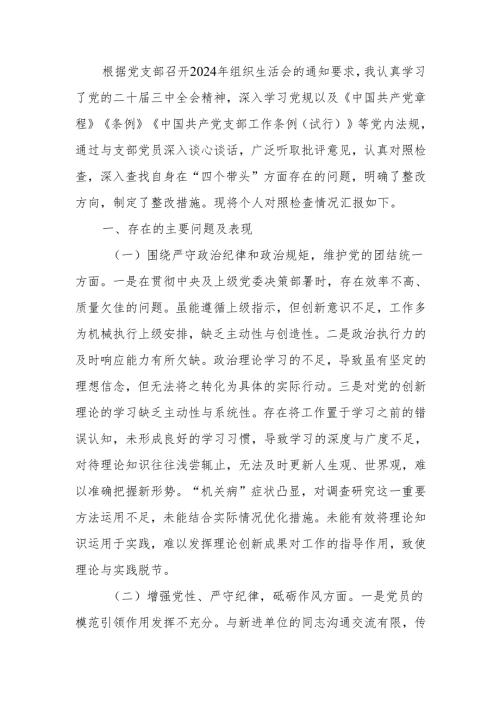 最新2024年党支部组织生活个人四个带头检查发言材料（普通党员）word范文.docx
