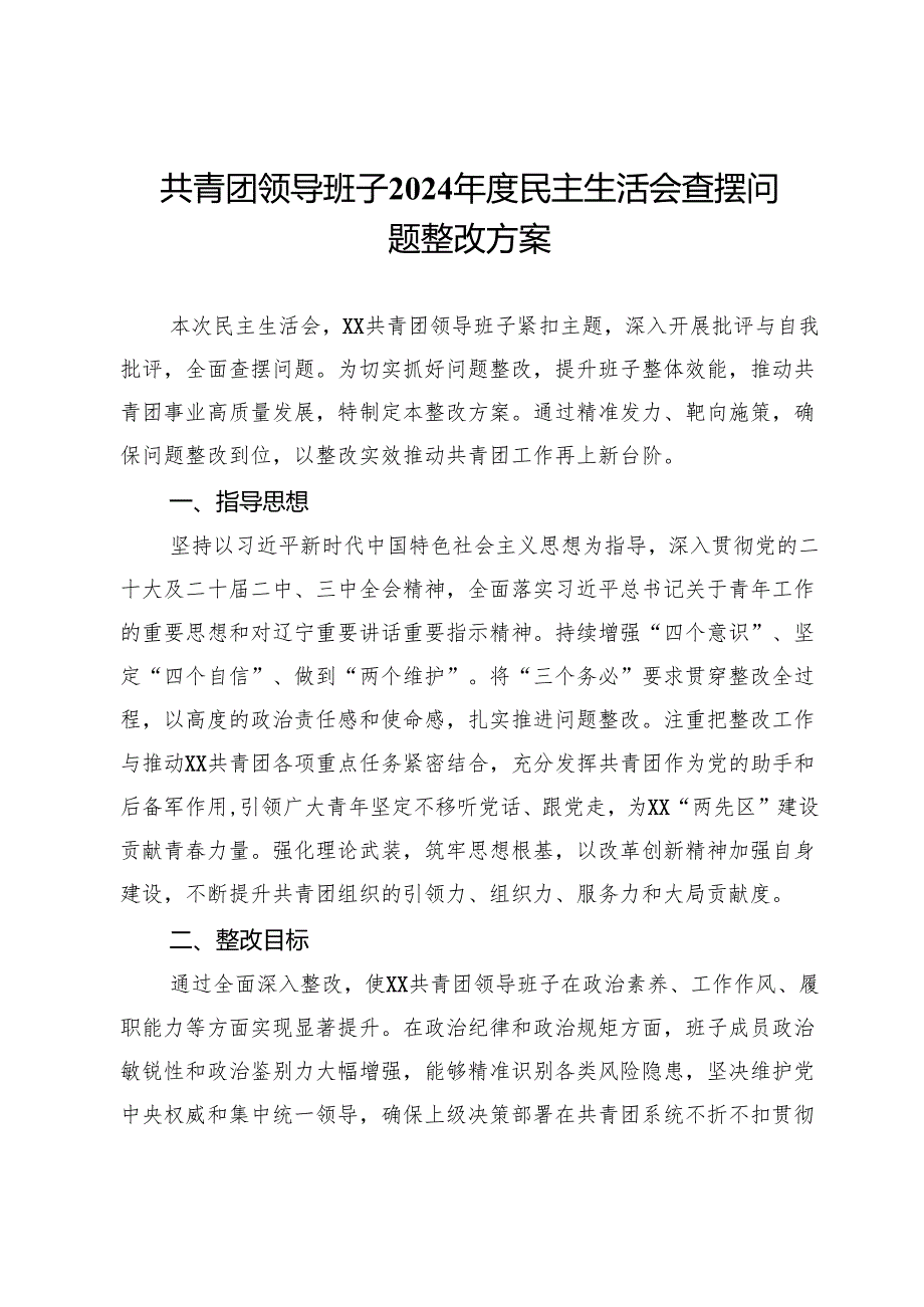 共青团领导班子2024年度民主生活会查摆问题整改方案.docx_第1页