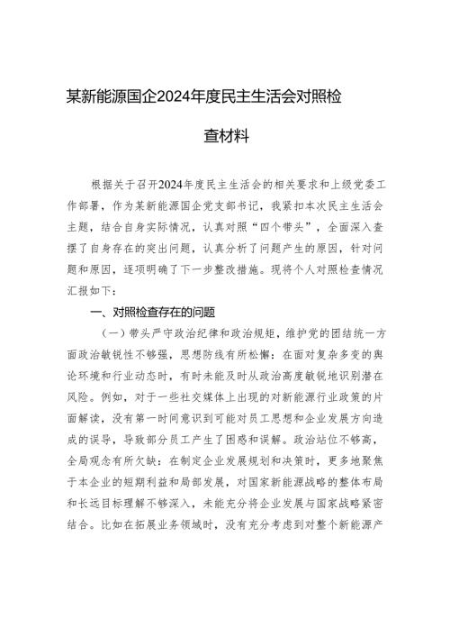 新能源国企2024年度民主生活会对照检查发言材料.docx