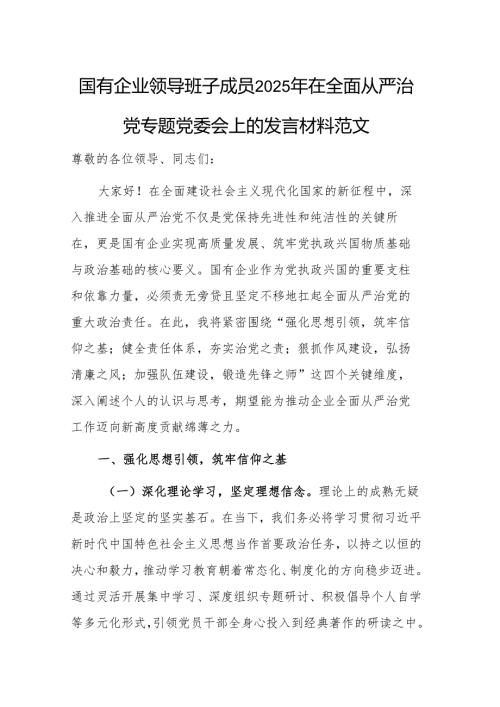 国有企业领导班子成员2025年在全面从严治党专题党委会上的发言材料范文.docx