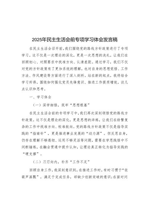 2025年民主生活会前专题学习体会发言稿.docx
