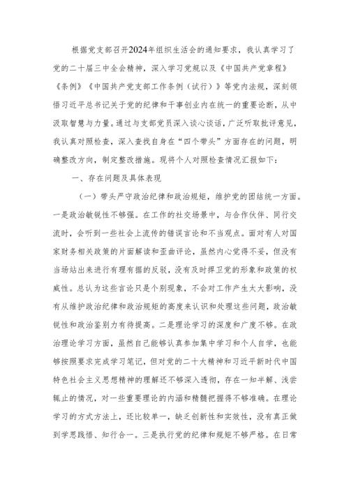 最新2024年组织生活个人检查剖析材料（普通党员）word范文.docx