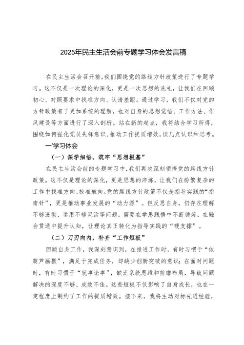 2篇 2025年民主生活会前专题学习体会发言稿.docx