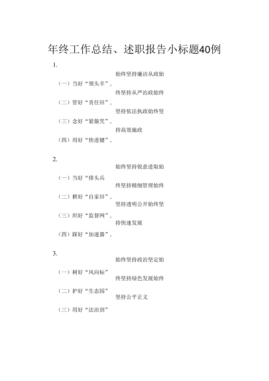年终工作总结、述职报告小标题40例.docx_第1页