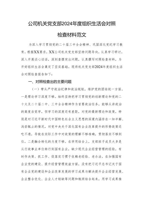 公司机关党支部2024年度组织生活会对照检查材料范文.docx