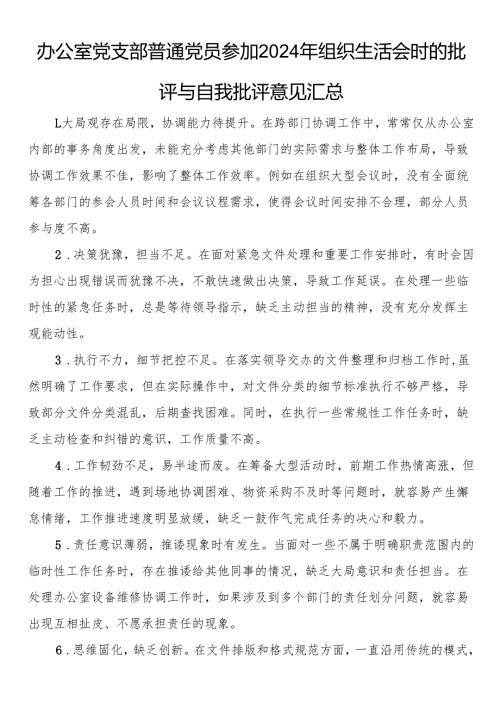 办公室党支部普通党员参加2024年组织生活会时的批评与自我批评意见汇总.docx