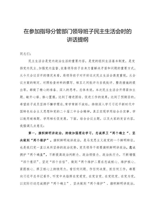 在参加指导分管部门领导班子民主生活会时的讲话提纲.docx