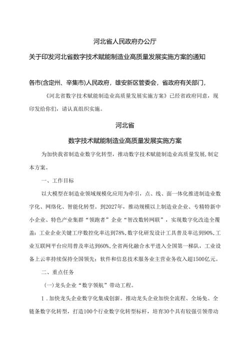 河北省数字技术赋能制造业高质量发展实施方案（2025年）.docx