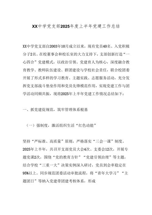 XX中学党支部2025年度上半年党建工作总结.docx