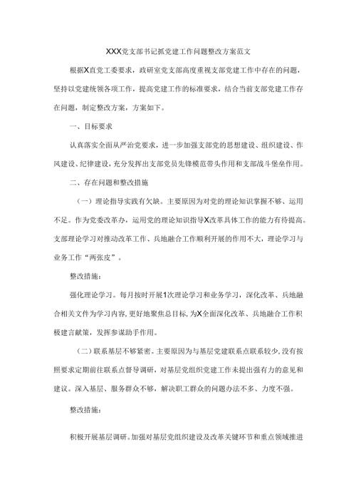 XXX党支部书记抓党建工作问题整改方案范文.docx
