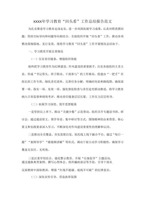 XXXX年学习教育“回头看”工作总结报告范文.docx