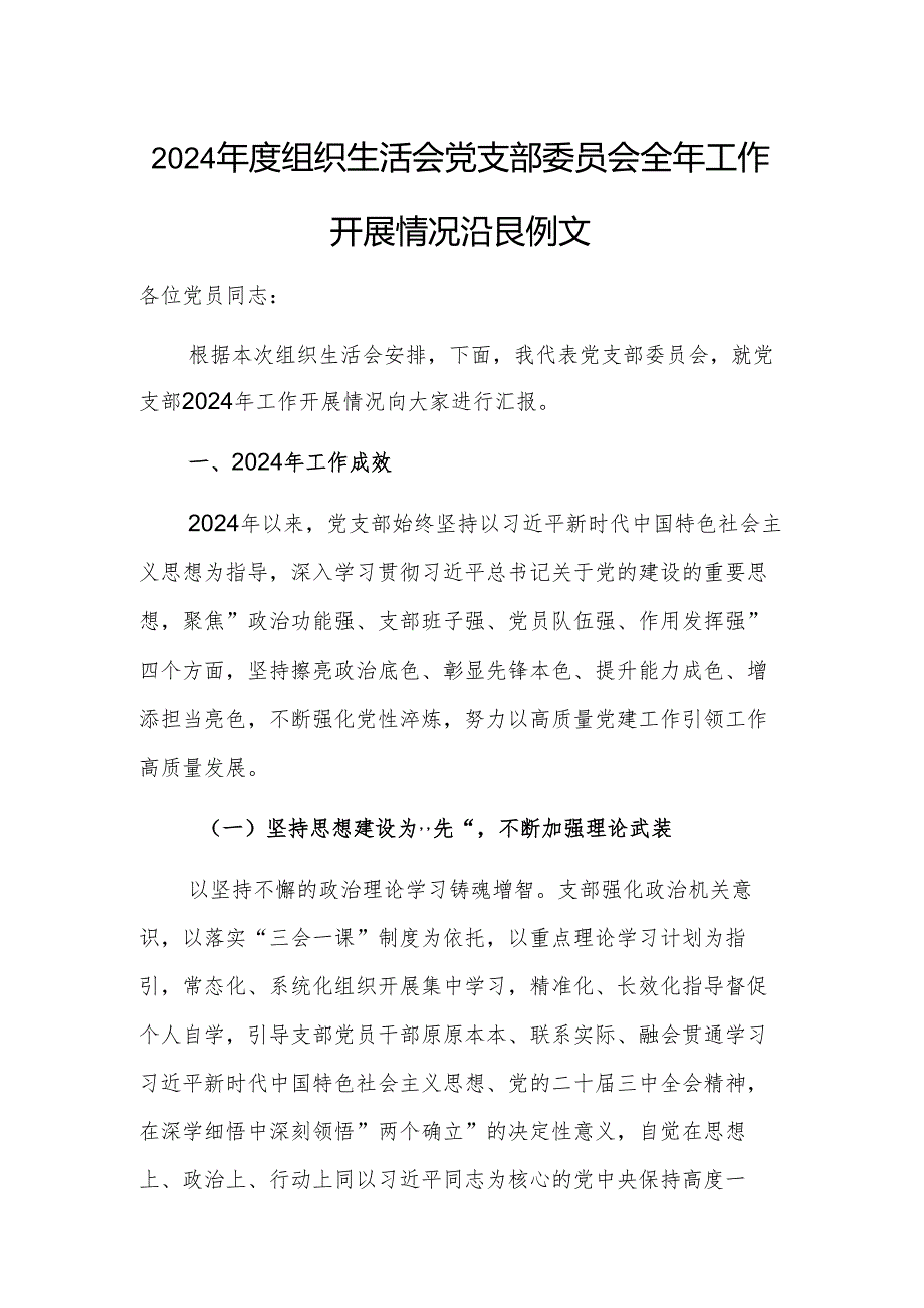 2024年度组织生活会党支部委员会全年工作开展情况汇报范文.docx_第1页