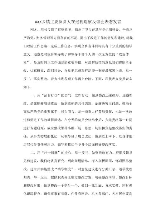 XXX乡镇主要负责人在巡视巡察反馈会表态发言.docx