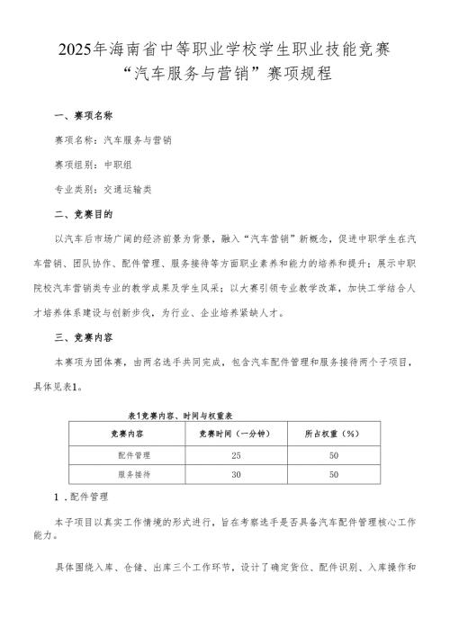 2025年海南省中等职业学校学生职业技能竞赛 汽车服务与营销 赛项规程）.docx