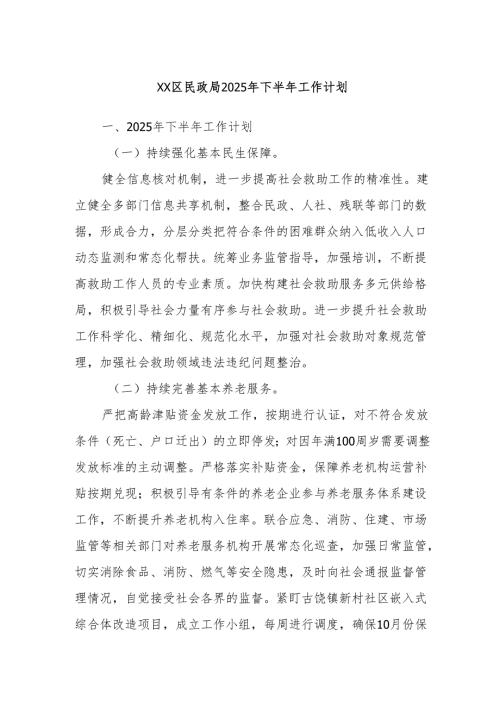 XX区民政局2025年下半年工作计划.docx