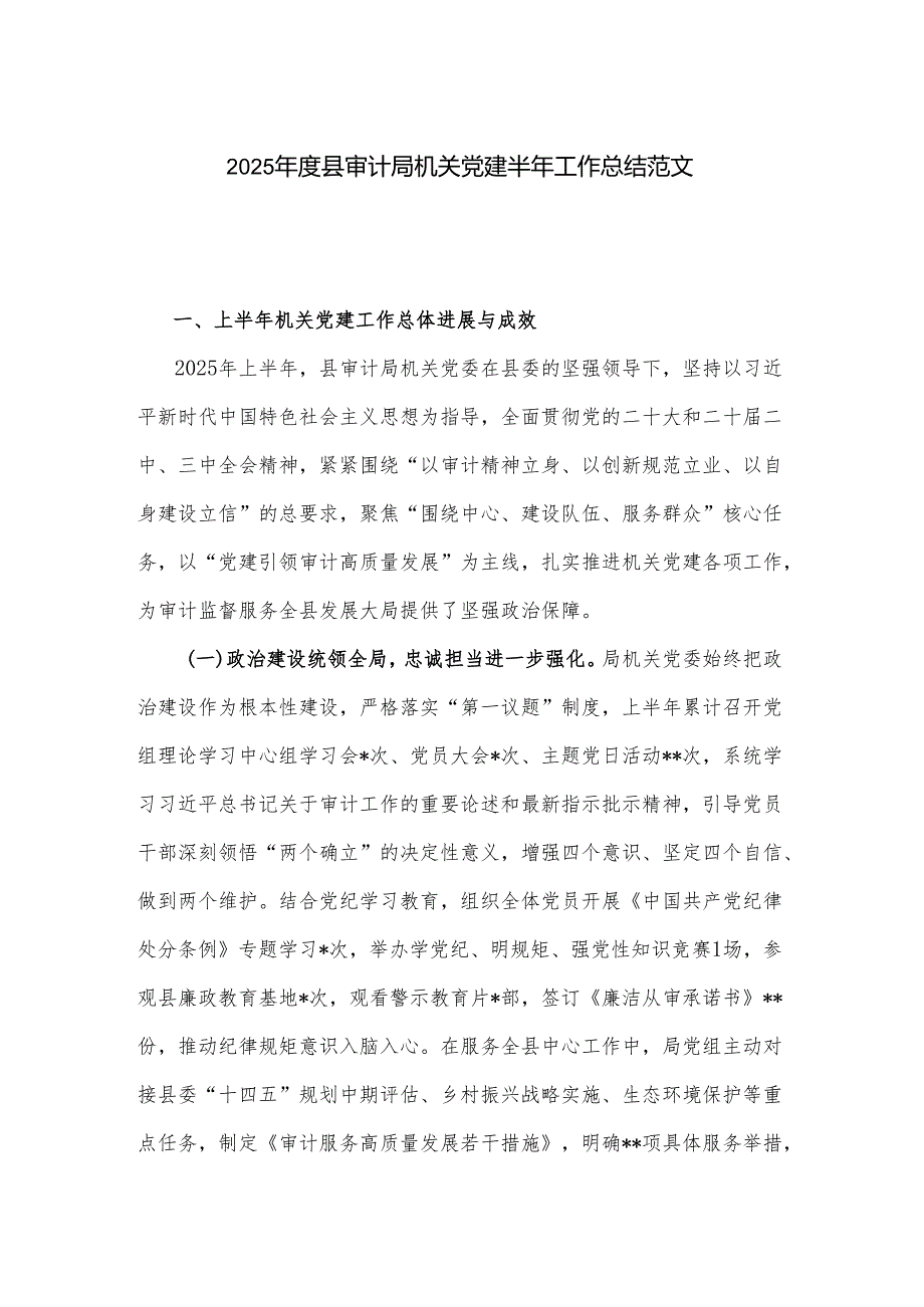 2025年度县审计局机关党建半年工作总结范文.docx_第1页