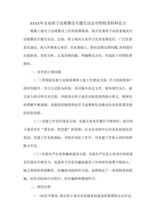 XXXX年企业班子巡视整改专题生活会对照检查材料范文.docx