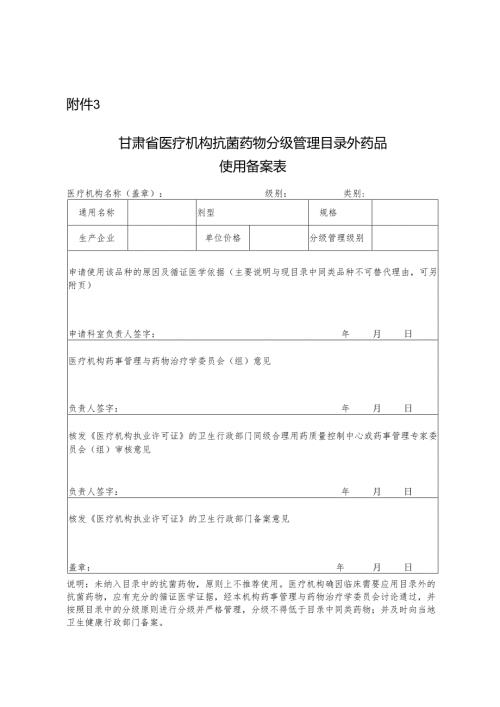 甘肃省医疗机构抗菌药物分级管理目录外药品使用备案表.docx