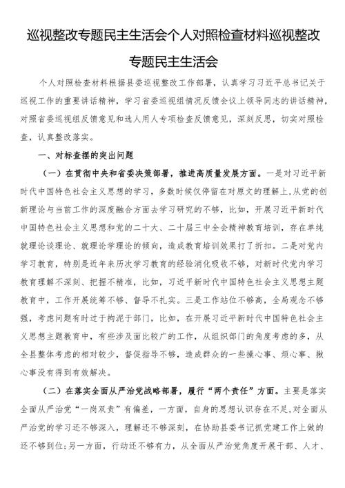 巡视整改专题民主生活会个人对照检查材料巡视整改专题民主生活会.docx
