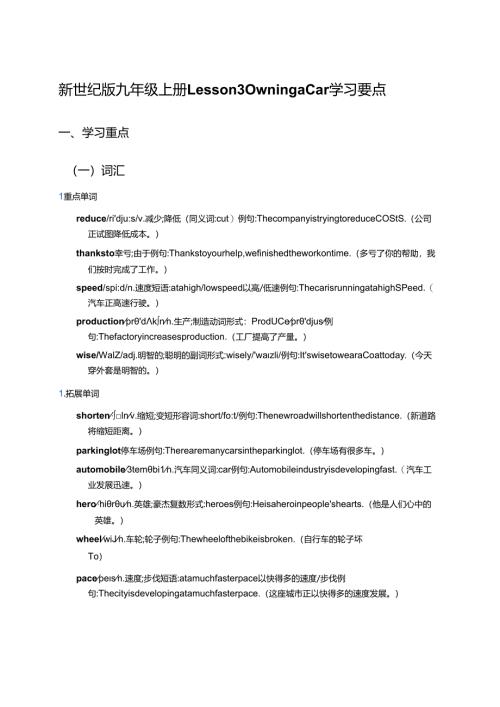 新世纪版九年级上册Lesson 3 Owning a Car学习要点.docx