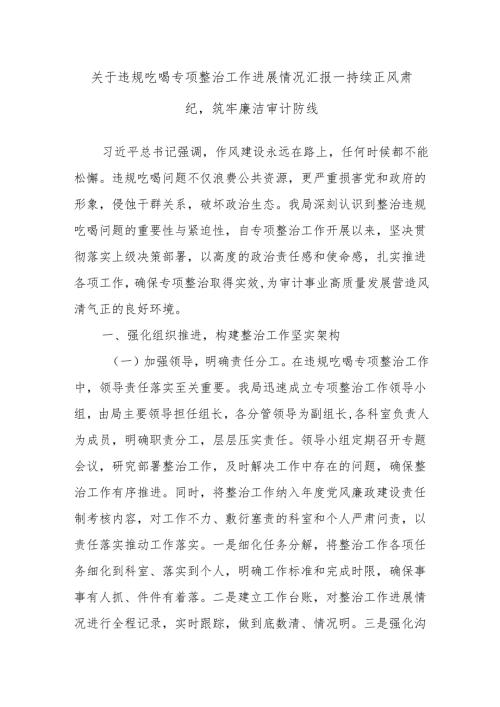 关于违规吃喝专项整治工作进展情况汇报——持续正风肃纪筑牢廉洁审计防线.docx