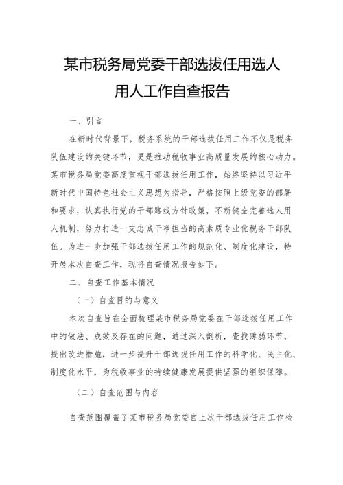某市税务局党委干部选拔任用选人用人工作自查报告.docx