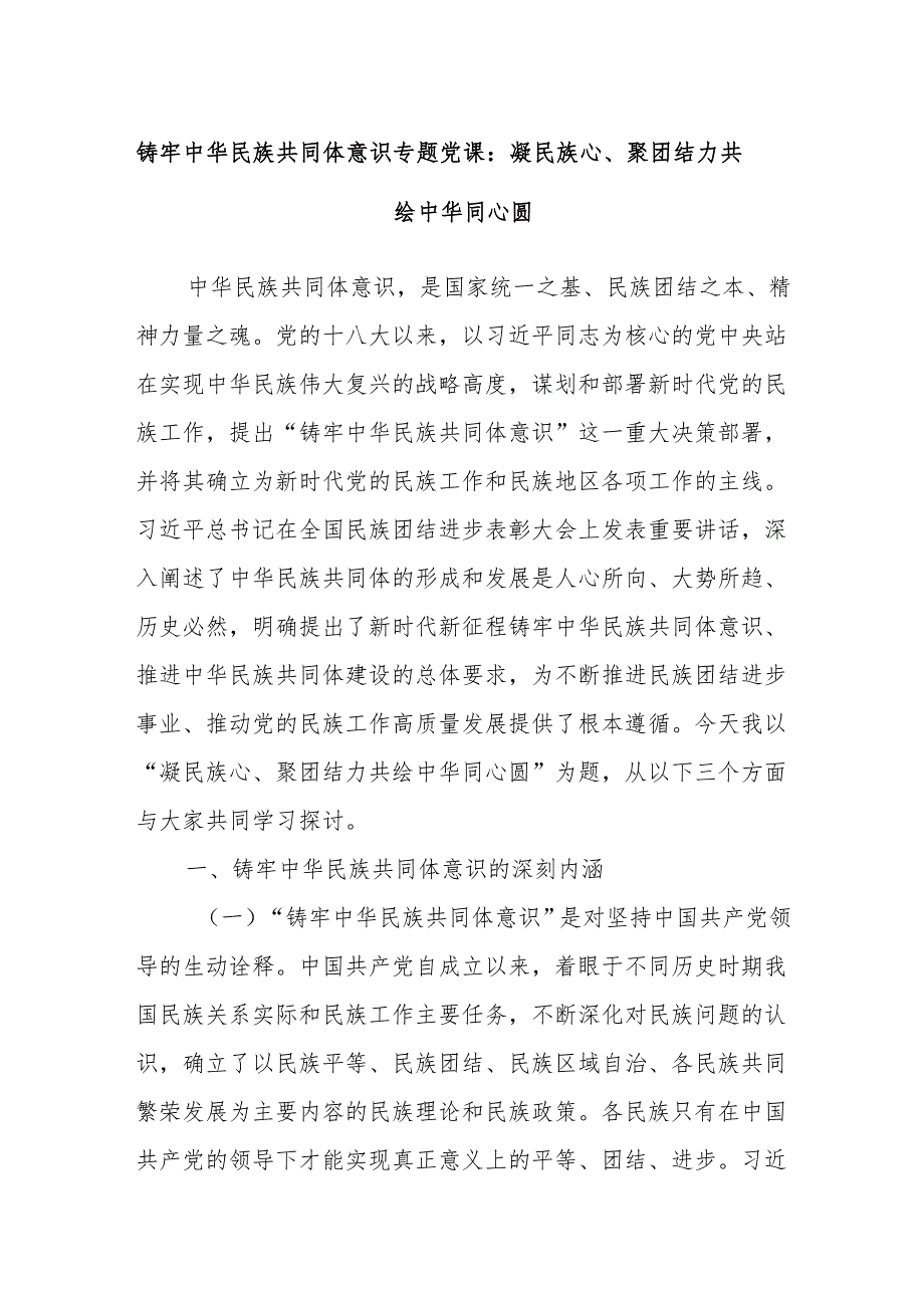 铸牢中华民族共同体意识专题党课：凝民族心、聚团结力共绘中华同心圆.docx_第1页