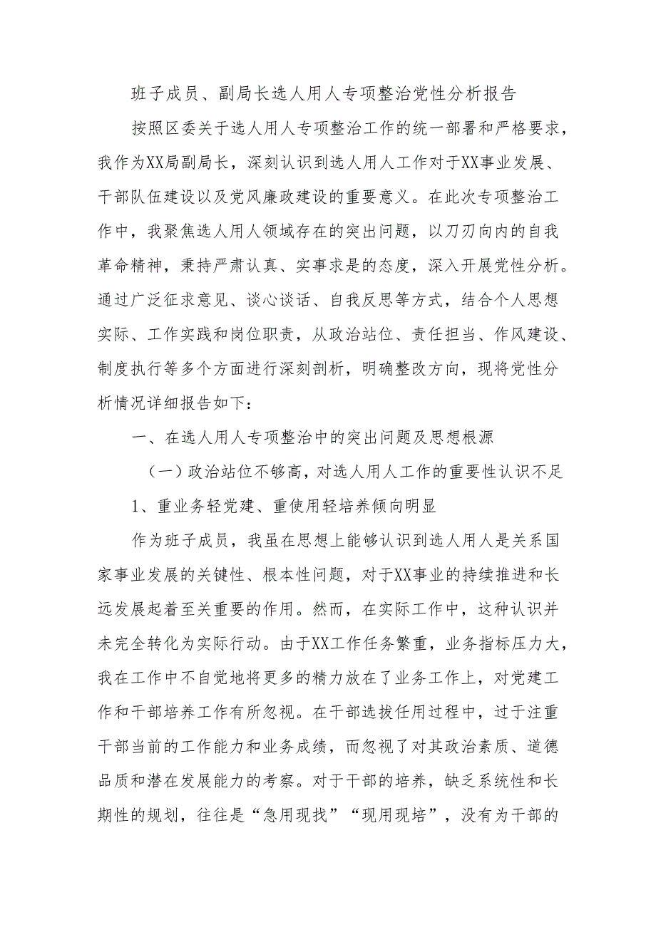 班子成员、副局长选人用人专项整治党性分析报告.docx_第1页