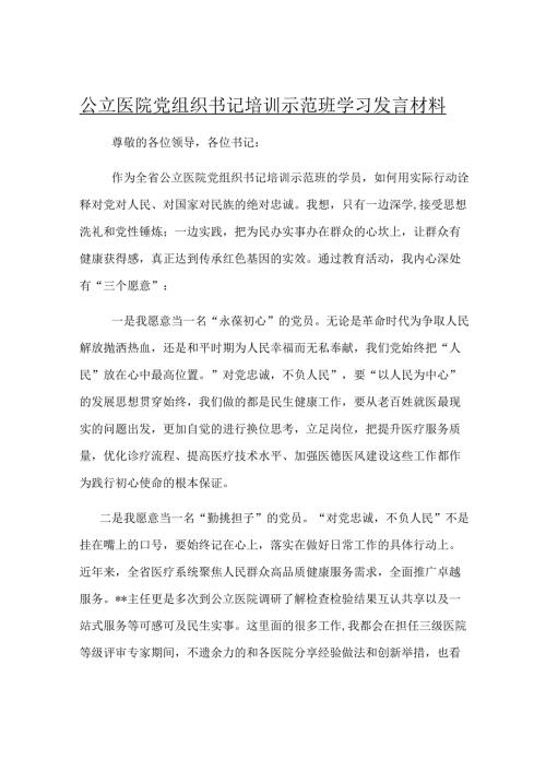 公立医院党组织书记培训示范班学习发言材料.docx