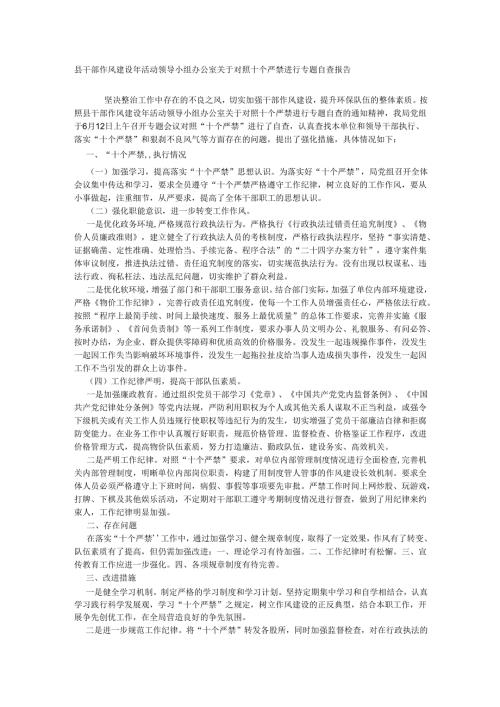 县干部作风建设年活动领导小组办公室关于对照十个严禁进行专题自查报告.docx