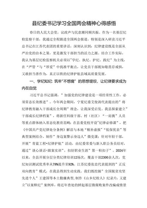 县纪委书记学习全国两会精神心得感悟.docx