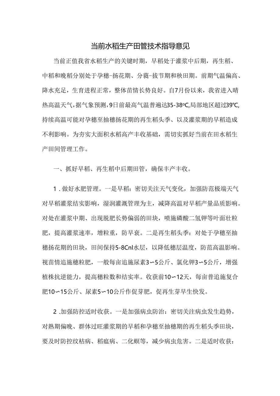 当前水稻生产田管技术指导意见.docx_第1页