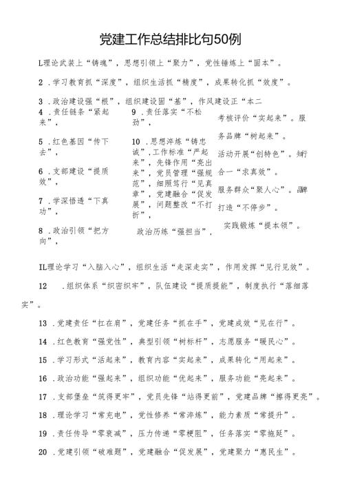 党建工作总结排比句50例.docx