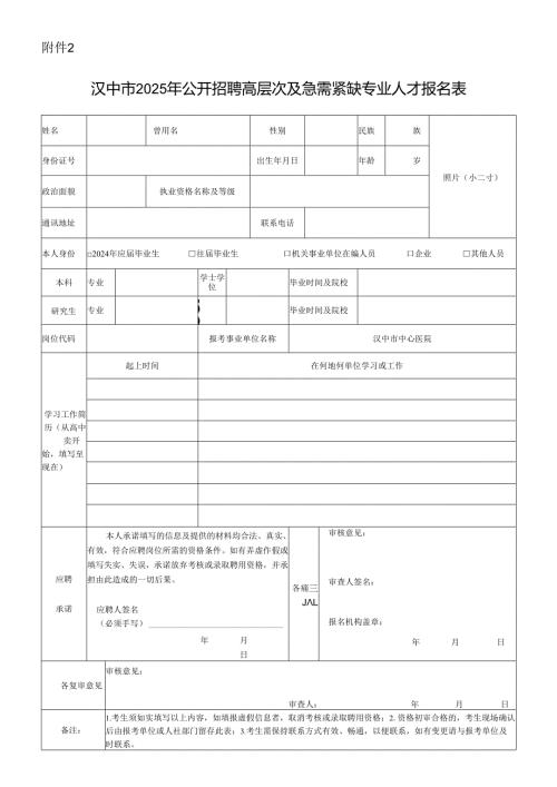 汉中市事业单位高层次及紧缺人才公开招聘报名表.docx