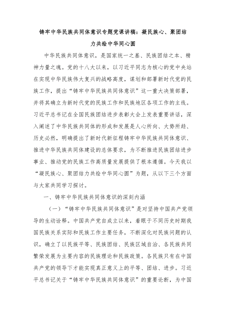 铸牢中华民族共同体意识专题党课讲稿：凝民族心、聚团结力共绘中华同心圆.docx_第1页