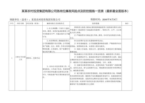 某某农村投资集团有限公司各岗位廉政风险点及防控措施一览表（最新最全面版本）.docx