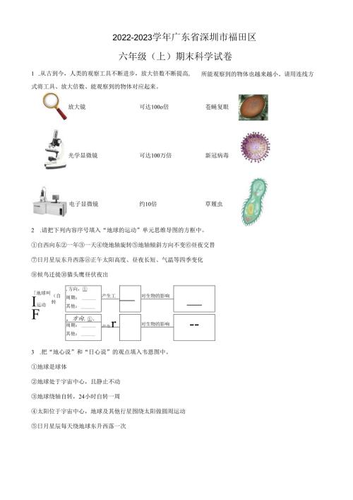 精品解析：2022-2023学年广东省深圳市福田区教科版六年级上册期末考试科学试卷（原卷版）.docx