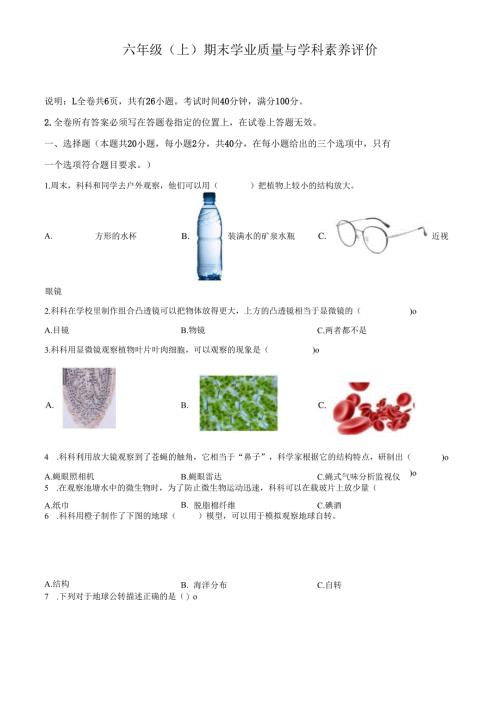 精品解析：2023-2024学年广东省深圳市罗湖区教科版六年级上册期末考试科学试卷（原卷版）.docx