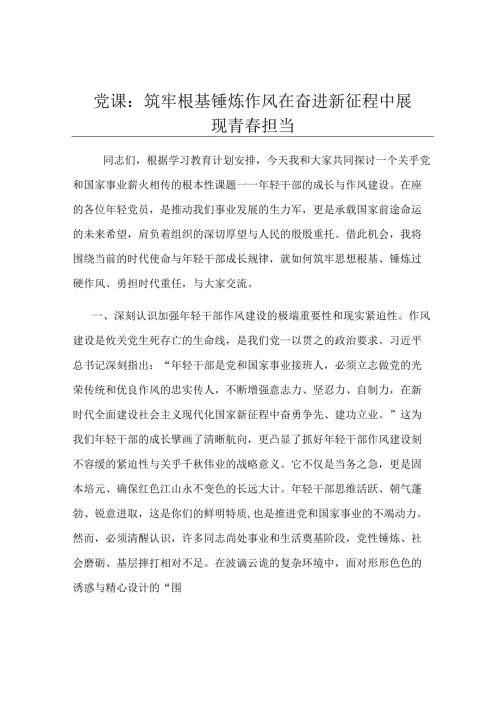 党课：筑牢根基 锤炼作风 在奋进新征程中展现青春担当.docx