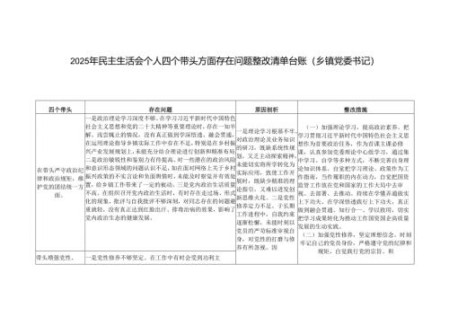 （乡镇党委书记）2025年民主生活会个人四个带头方面存在问题整改清单台账.docx