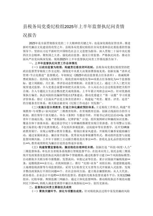 县税务局党委纪检组2025年上半年监督执纪问责情况报告.docx