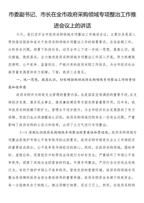 市委副书记、市长在全市政府采购领域专项整治工作推进会议上的讲话.docx
