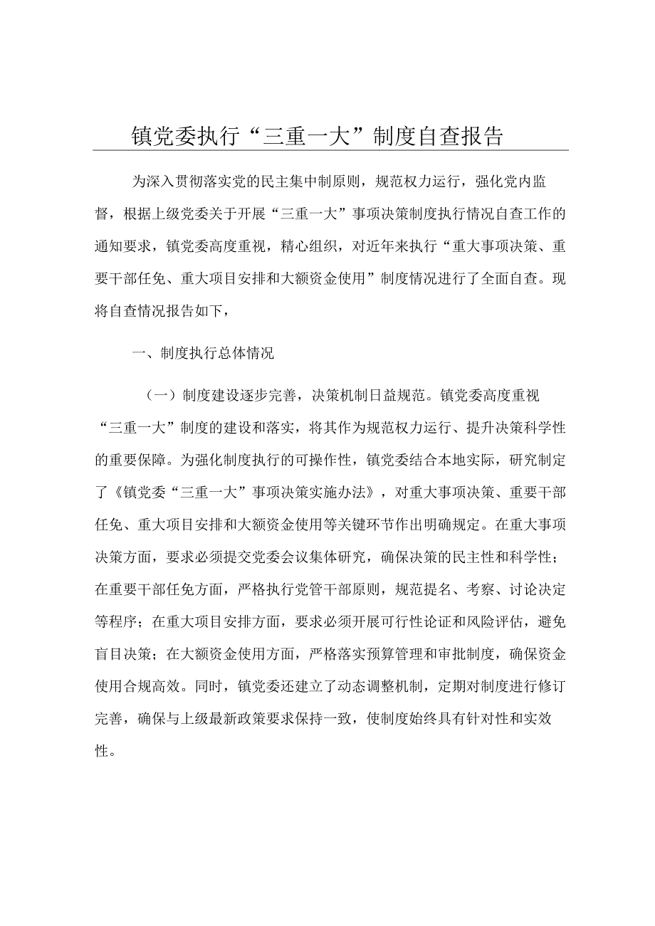 镇党委执行“三重一大”制度自查报告.docx_第1页