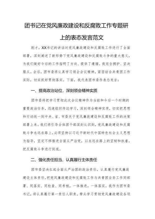 团书记在党风廉政建设和反腐败工作专题研究会上的表态发言范文.docx